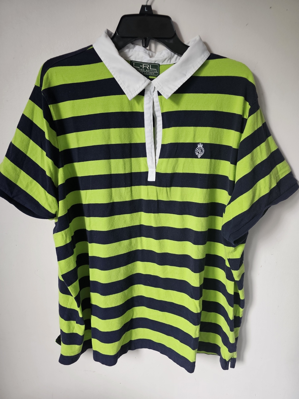 Lauren Ralph Lauren Lime Green and Navy Striped Polo Tee